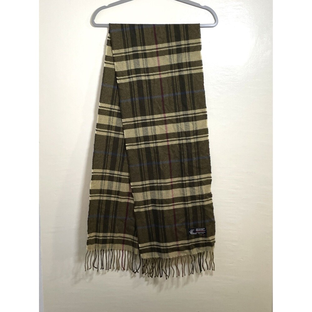 Italy Design Cashmere Viscose Blend Plaid Fringed Scarf Brown/Beige Sz 66" x 12" - Picture 5 of 5